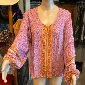 Arnhem Pink and Orange Ruffled Bell Sleeve Blouse
